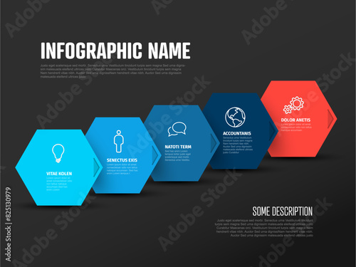 Infographic dark template with big hexagons in diagonal line