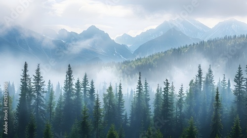 Misty Evergreen Forest with Towering Mountain Peaks in the Distance