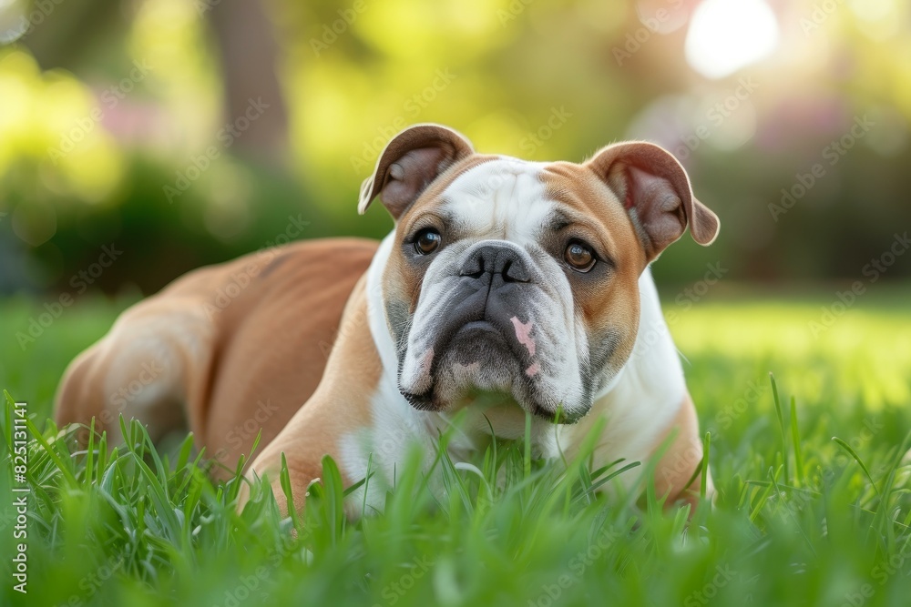 Peaceful english bulldog relaxing in a sunny garden, surrounded by fresh greenery