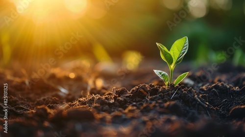 A single seedling growing towards sunlight with a dollar sign beside it, economic growth metaphor, isolated on white, copy space, sharp detail, vibrant and professional.