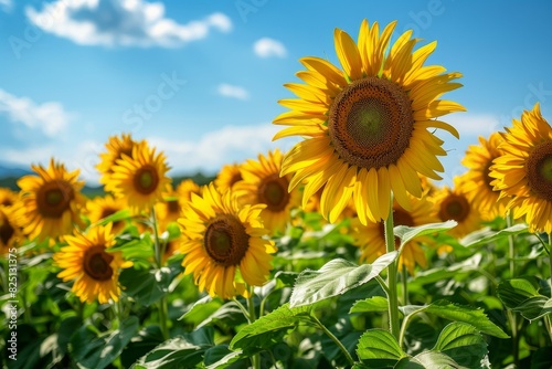 Beautiful Sunflower Field in Full Bloom Under a Clear Blue Sky.