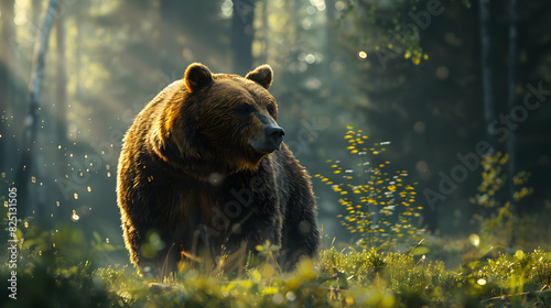 Photo realistic concept: Bear in a shrinking forest with glossy backdrop, symbolizing impact of high emissions and deforestation on wildlife High resolution image