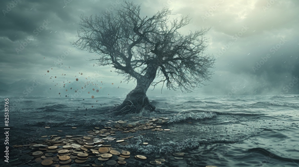 A withered tree falling over with missing coins around, symbolizing financial collapse, highresolution, detailed and dramatic, professional stock photo quality. A withered tree falling over with missing coins around, symbolizing financial collapse, highresolution, detailed and dramatic, professional stock photo quality.
