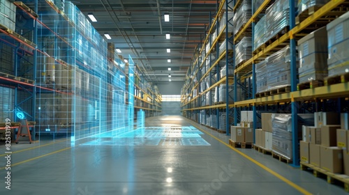 Augmented reality interface in a smart warehouse, optimizing package identification and delivery processes for logistics.