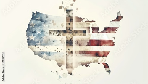 Abstract USA Map with Cross and Flag.