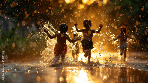 Happy Children Playing in Rain   High Resolution Image of Kids Splashing in Puddles Against Glossy Backdrop  Symbolizing Joy and Fun in Rainy Season
