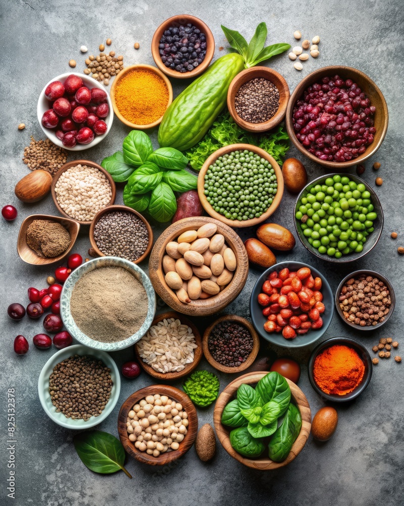 Assortment of legumes and spices in bowls and spoons on a table. Assortment of legumes and spices in bowls and spoons on a table.