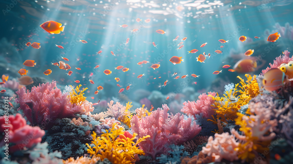 Photo Realistic Coral Reef Bleaching Concept: High Resolution Image of Bleached Coral Reefs with Colorful Fish Against Glossy Backdrop, Highlighting Effects of High Carbon Emission Photo Realistic Coral Reef Bleaching Concept: High Resolution Image of Bleached Coral Reefs with Colorful Fish Against Glossy Backdrop, Highlighting Effects of High Carbon Emission