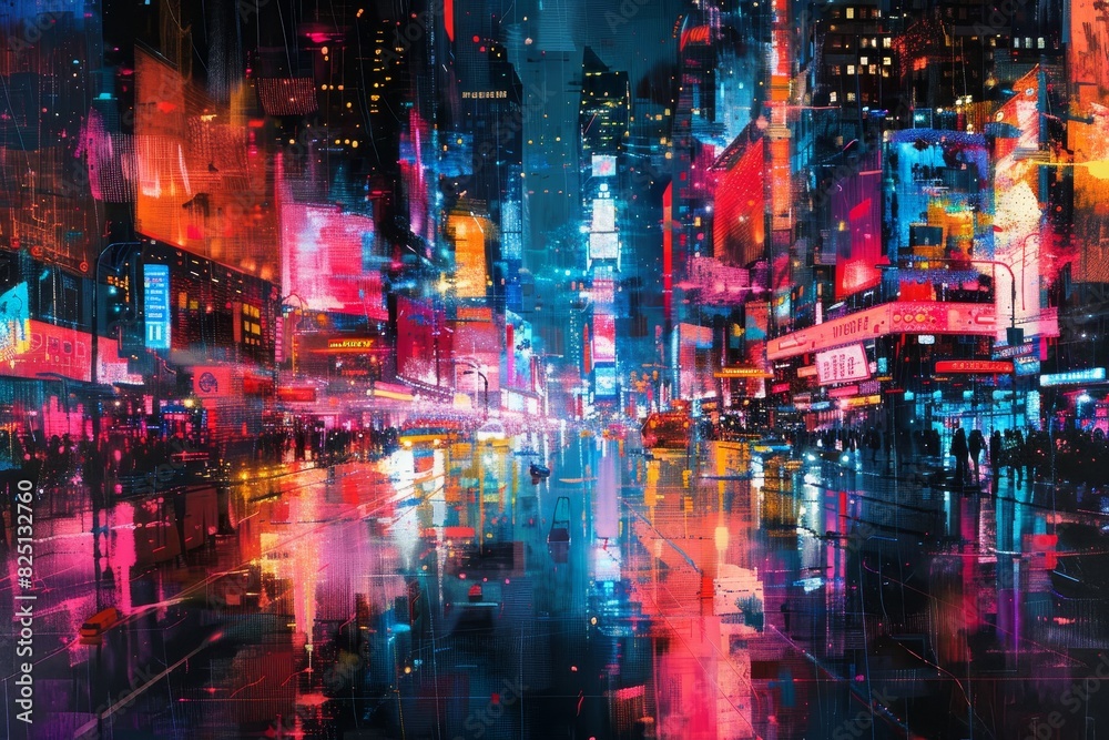 Naklejka premium A city street with neon lights and cars driving by generated by AI