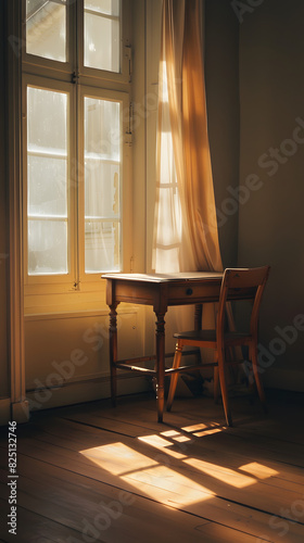 Wallpaper Mural A wooden table is placed near a window with sheer curtains, through which the sunlight filters, casting gentle shadows on the polished wooden floor Torontodigital.ca