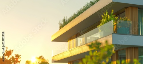 Modern Balcony with Greenery at Sunset.
