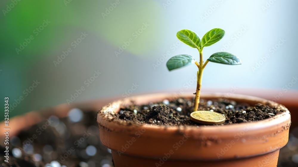 A new seedling sprouting in a pot with gold coins nearby, symbolizing financial prosperity, isolated on white background, copy space, highresolution, detailed and vivid. A new seedling sprouting in a pot with gold coins nearby, symbolizing financial prosperity, isolated on white background, copy space, highresolution, detailed and vivid.
