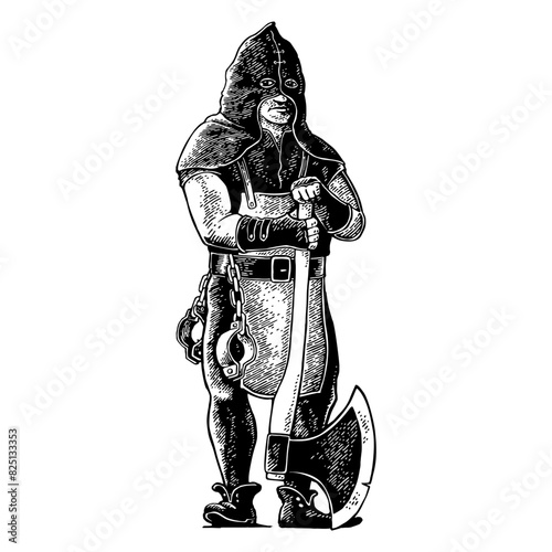Medieval executioner with axe and shackles. Vector black vintage engraving illustration