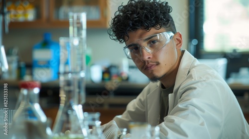 Young Latino Scientist Conducting Laboratory Research Wearing Protective Eyewear and Lab Coat