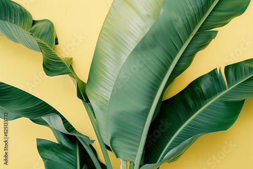 Close up photo of large green banana leaves on a yellow background, in the minimalist interior design style, with natural light, plants, and tropical vibes