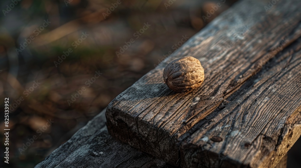 Fototapeta premium A single walnut on a wooden bench for rustic design
