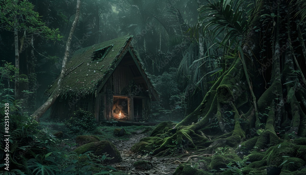 Enchanted Jungle Hut with Campfire in Dense Forest Enchanted Jungle Hut with Campfire in Dense Forest