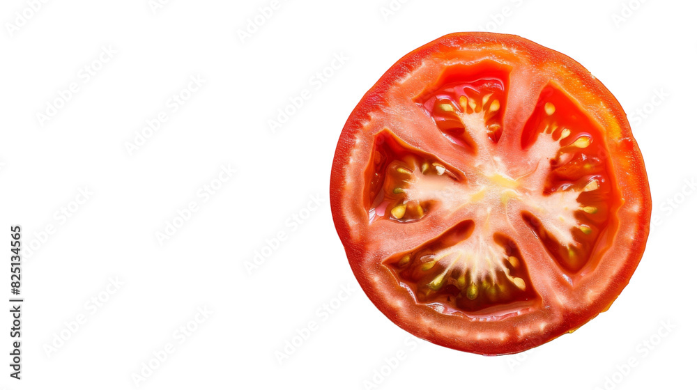 A fresh tomato cut in half, revealing its juicy interior, placed on a plain white background A fresh tomato cut in half, revealing its juicy interior, placed on a plain white background