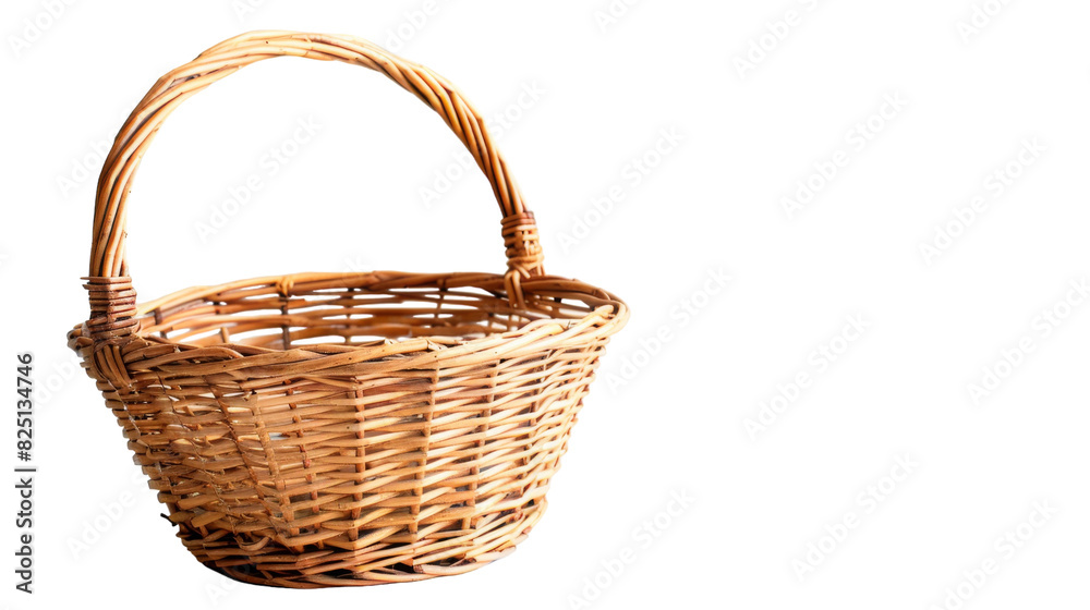 A wicker basket placed on a plain white background, showcasing its intricate weave and texture A wicker basket placed on a plain white background, showcasing its intricate weave and texture