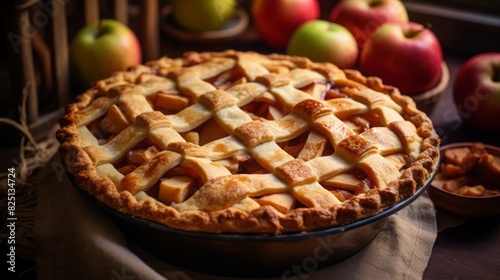 A beautifully baked lattice apple pie surrounded by fresh apples, showcasing a rustic homemade dessert ready for autumn enjoyment.