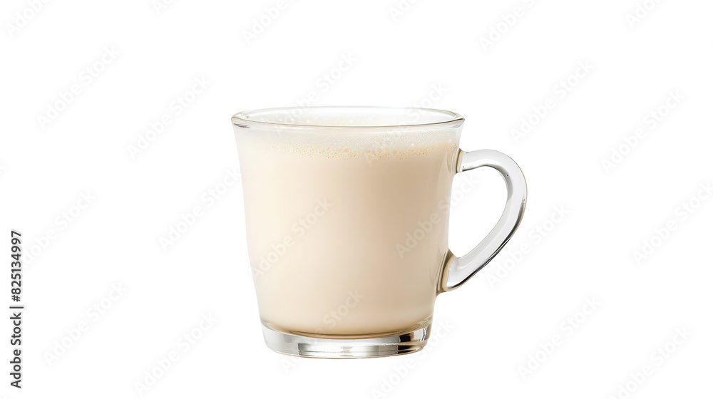 A glass filled with milk sits on a plain white background A glass filled with milk sits on a plain white background