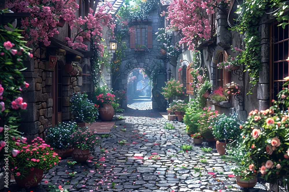 Charming Cobblestone Alley with Flower Pots and Ivy in Spring.