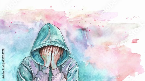 Intern covering face with a hoodie, feeling anxious, emotional, watercolor, pastel colors photo