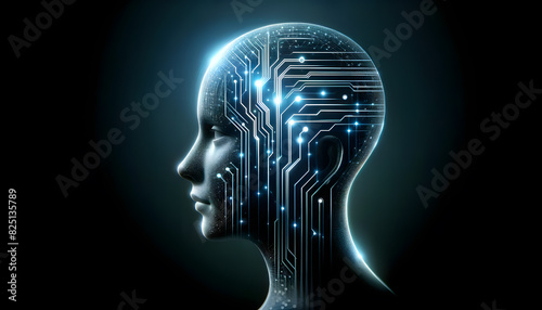a human head with a digital circuit board design overlay. The profile of the head is illuminated with glowing lines and nodes, representing connections and data flow.