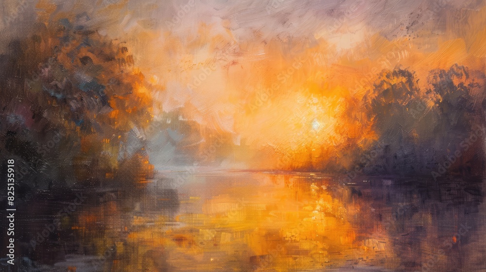 Misty dawn on the waterway at sunrise Misty dawn on the waterway at sunrise