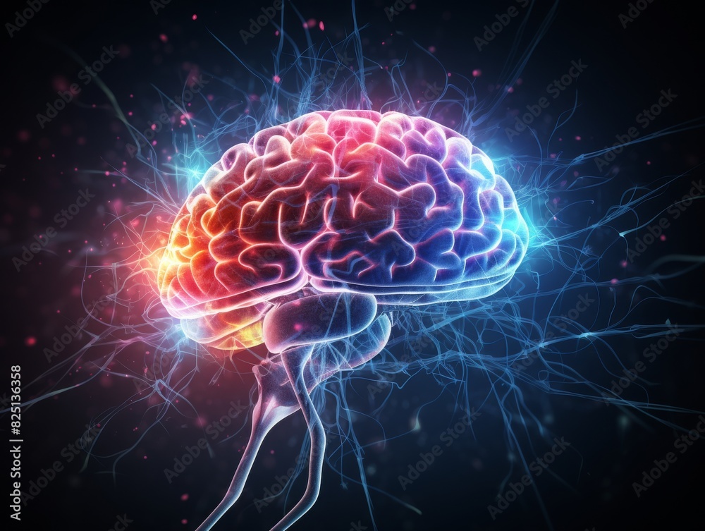 Futuristic digital illustration of a glowing brain with neural networks, highlighting artificial intelligence and neuroscience.