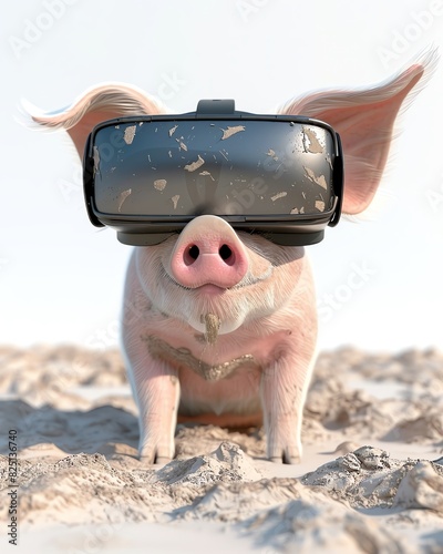 Pig wearing VR goggles, immersed in a virtual mud bath, isolated on white, suitable for fun and innovative tech product showcases , 3D render photo