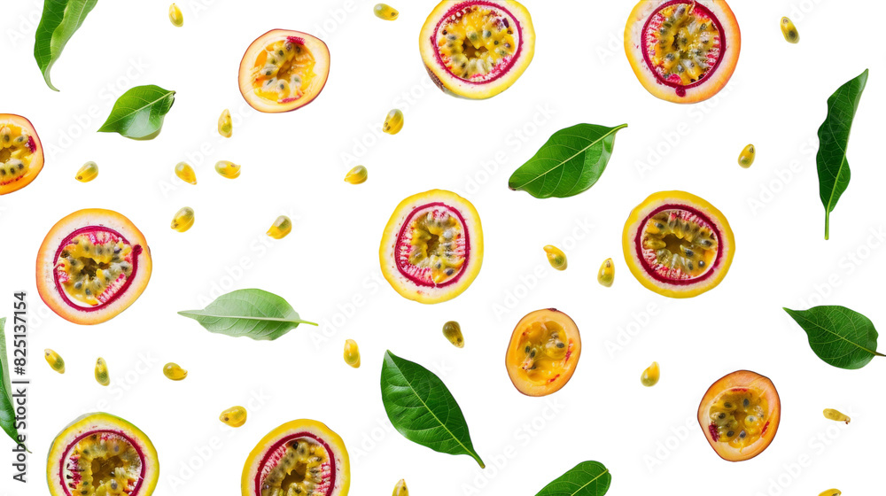 Fresh pomegranates with leaves arranged on a white surface Fresh pomegranates with leaves arranged on a white surface