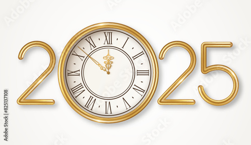 Merry Christmas and Happy New Year banner 2025 gold numbers. Vector illustration. Winter holiday decoration, golden vintage clock logo. Place for text. Xmas card poster, flyer © kotoffei