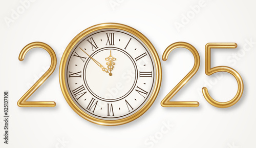 Merry Christmas and Happy New Year banner 2025 gold numbers. Vector illustration. Winter holiday decoration, golden vintage clock logo. Place for text. Xmas card poster, flyer