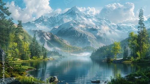 A serene mountain lake surrounded by peaks and lush forests. AI generate illustration