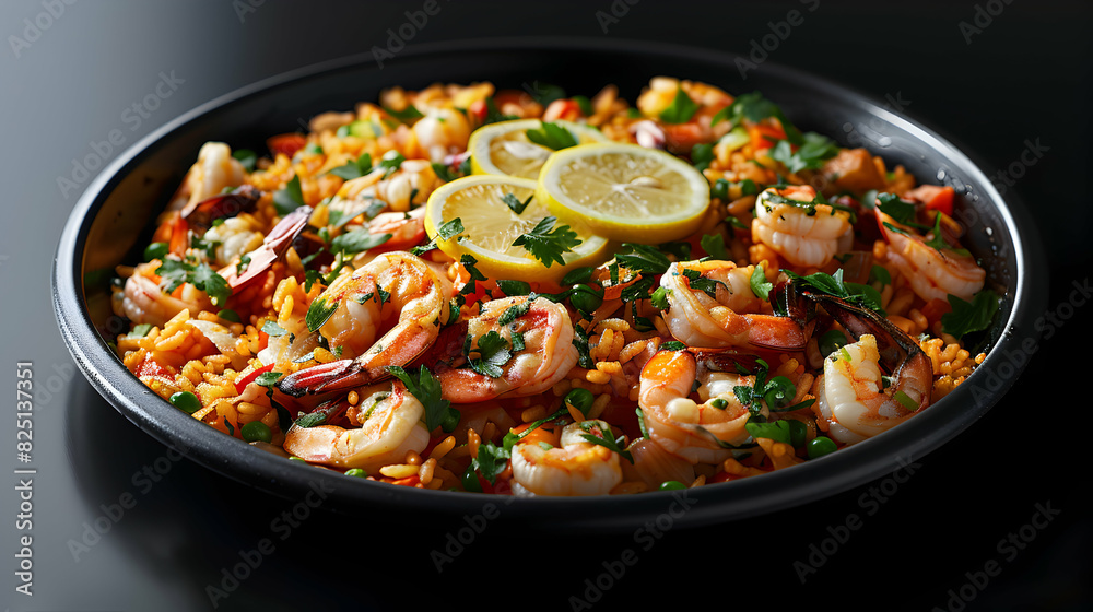 High angle view of a glossy black plate filled with vibrant seafood paella garnished with lemon slices against sleek reflective background High angle view of a glossy black plate filled with vibrant seafood paella garnished with lemon slices against sleek reflective background