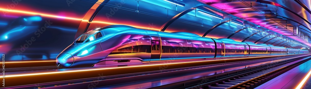 Futuristic high-speed train station, sleek and modern design, illuminated tracks, advanced infrastructure, vibrant colors, high-detail, dynamic and efficient public transport hub.3D vector