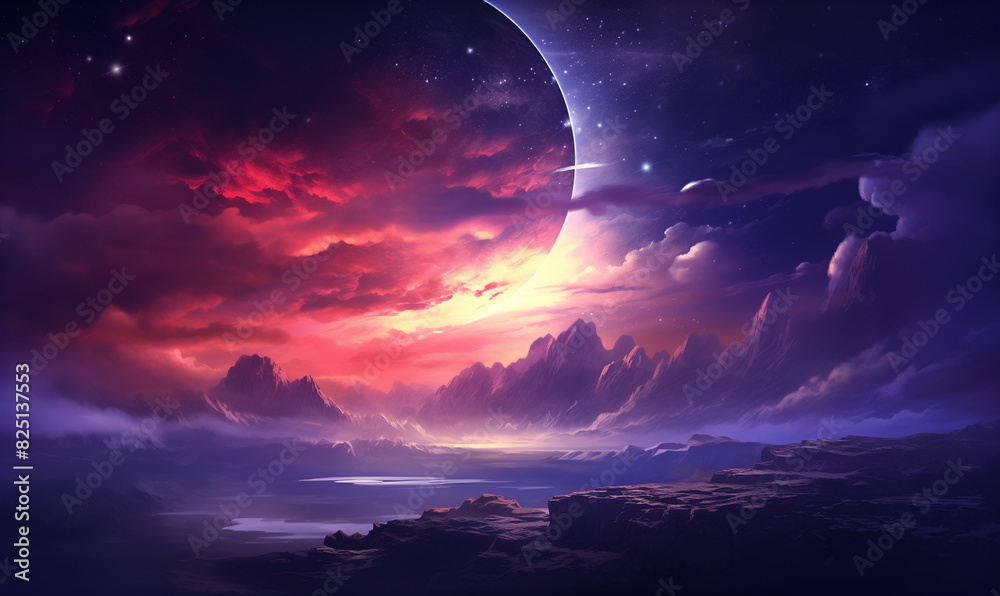 Alien Planet Landscape with Red and Purple Skies
