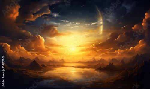 Fantasy Landscape with Golden Sky and Distant Planets