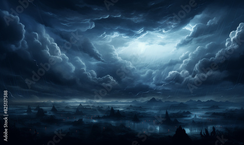 Stormy Sky Over Fantasy Landscape with Lightning photo
