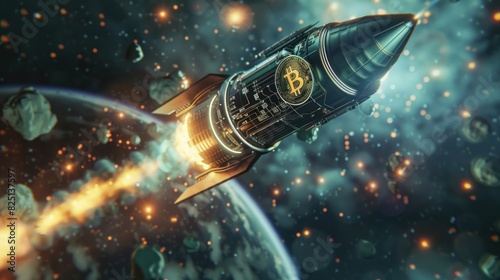 A rocket with the bitcoin logo soaring through space, in the cyberpunk style, hyper realistic, cinematic lighting, bokeh effect, high resolution photography.