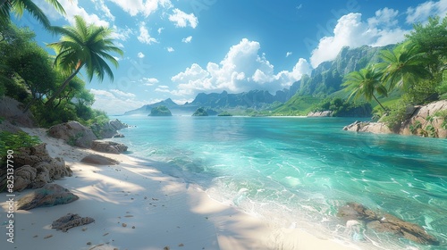 A tropical paradise with palm trees  crystal-clear waters. AI generate illustration