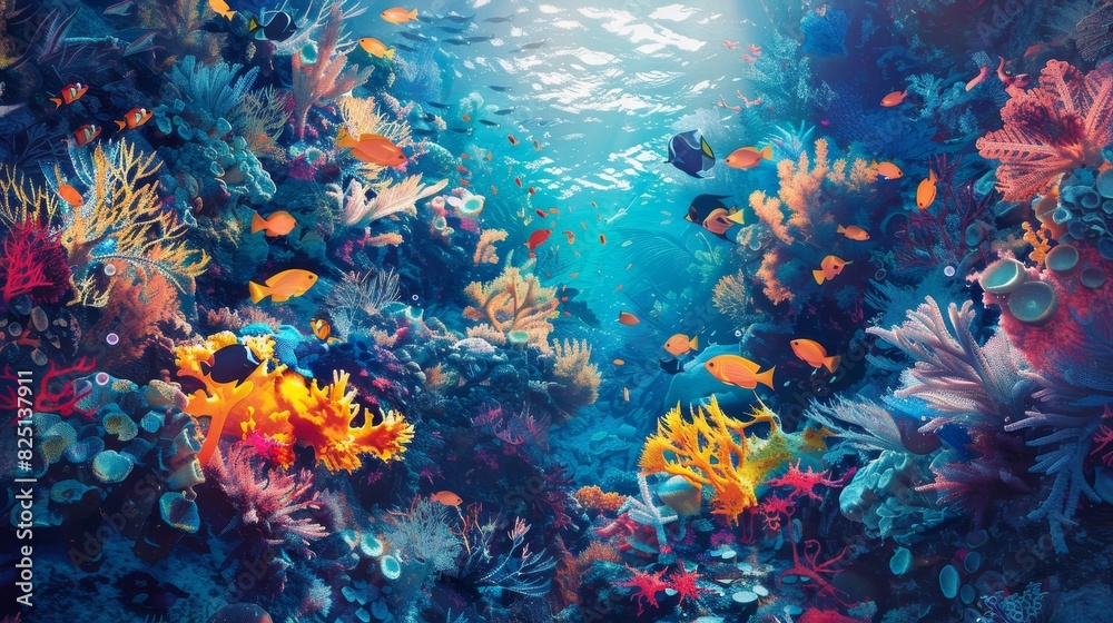 Fototapeta premium A colorful underwater scene with many fish and coral generated by AI