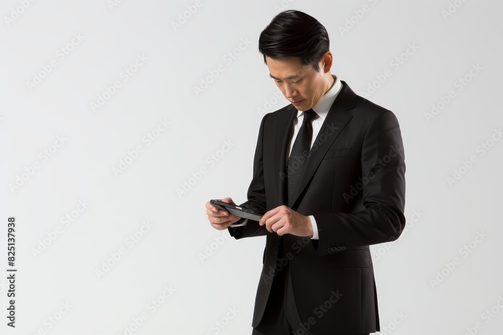 Individual using smartphone against neutral white backdrop for versatile applications Individual using smartphone against neutral white backdrop for versatile applications