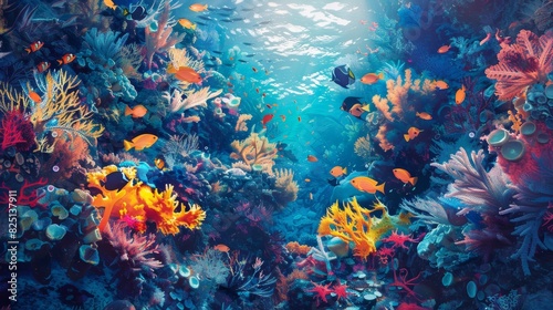 A colorful underwater scene with many fish and coral generated by AI photo