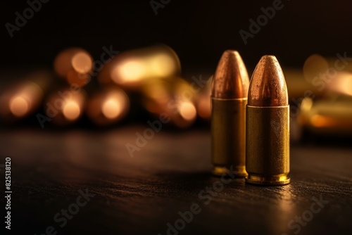 Macro shot of ammunition with a blurred background, highlighting two bullets