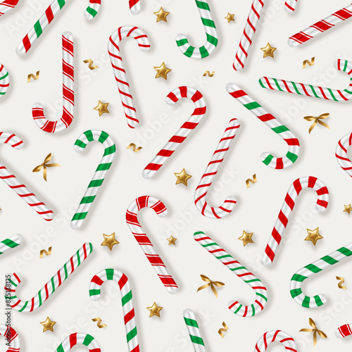 Merry Christmas New Year seamless pattern, candy cane sticks, golden stars and confetti. Vector illustration. Xmas gift card wallpaper © kotoffei