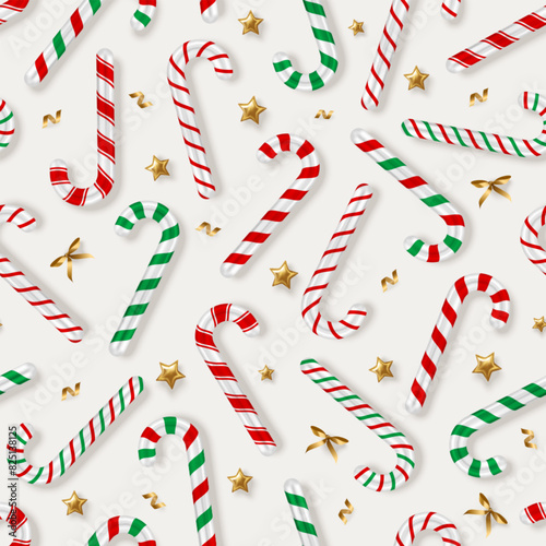Merry Christmas New Year seamless pattern, candy cane sticks, golden stars and confetti. Vector illustration. Xmas gift card wallpaper