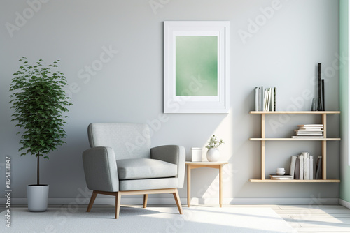 A sunlit room with a mint green accent chair against a soft grey rug  flanked by sleek white shelves holding contemporary decor  a blank white frame mockup on the wall.