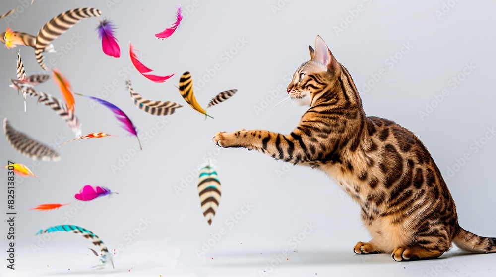 A playful Bengal cat with marbled markings, batting at a cascading stream of colorful feathers against a pristine white studio background. A playful Bengal cat with marbled markings, batting at a cascading stream of colorful feathers against a pristine white studio background.